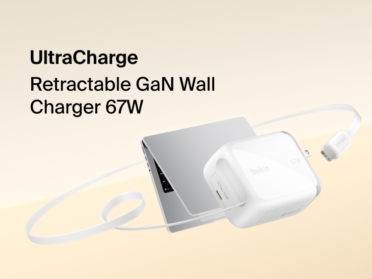 UltraCharge Retractable GaN Wall Charger 67W charging a laptop with built-in retractable USB-C cable, compact fast-charging power adapter for laptops, tablets, and smartphones.