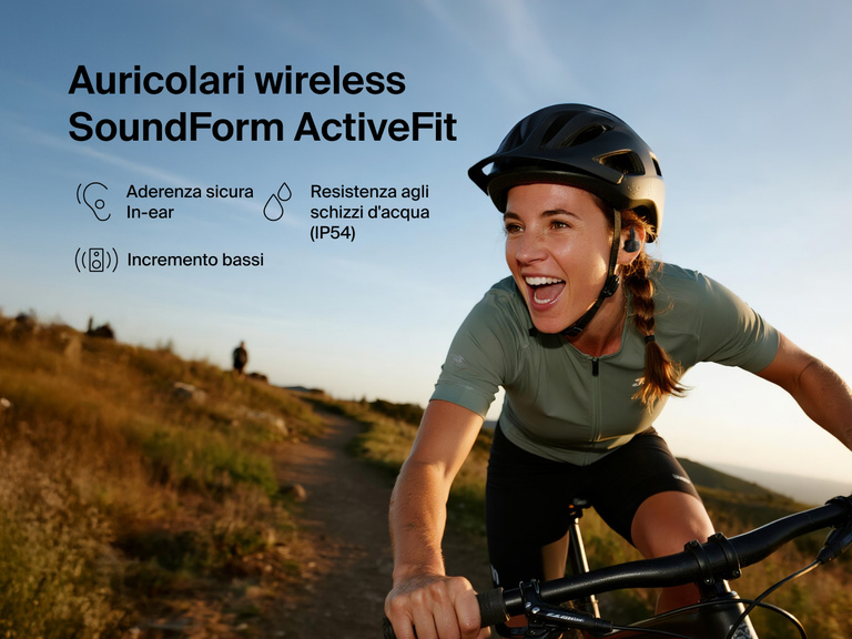 Belkin SoundForm ActiveFit Wireless Earbuds with secure in-ear fit, IP54 water resistance, and bass boost, shown on a cyclist outdoors.