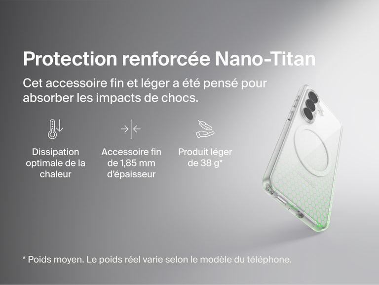 Belkin SheerForce Clear Series Case for Samsung Galaxy S26 shown in close-up, highlighting reinforced Nano-Titan protection with shock absorption, heat dissipation, ultra-slim 1.85 mm profile, and lightweight protective design.