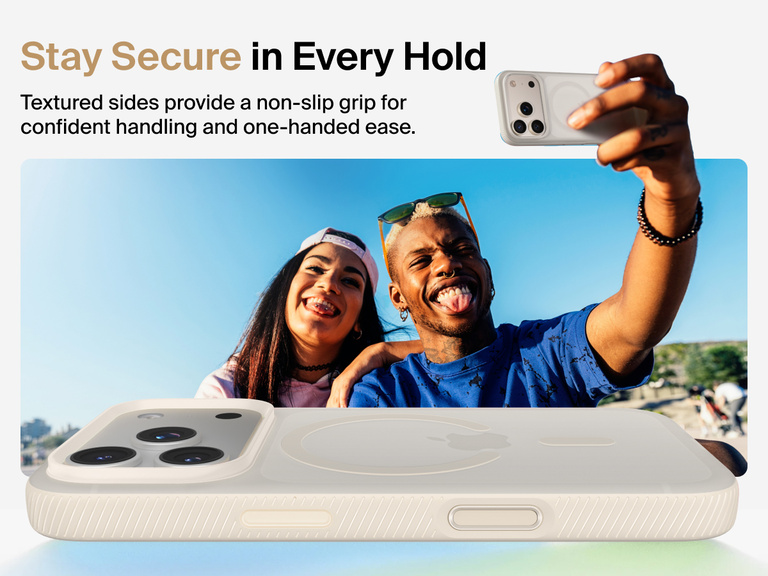 Belkin SheerForce Grip Series Case for iPhone 17 with military-grade drop protection and textured non-slip grip.