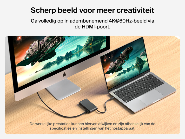 Belkin Connect 5-Port USB-C Hub with 4K HDMI delivers stunning 4K@60Hz visuals from a MacBook to an external monitor.