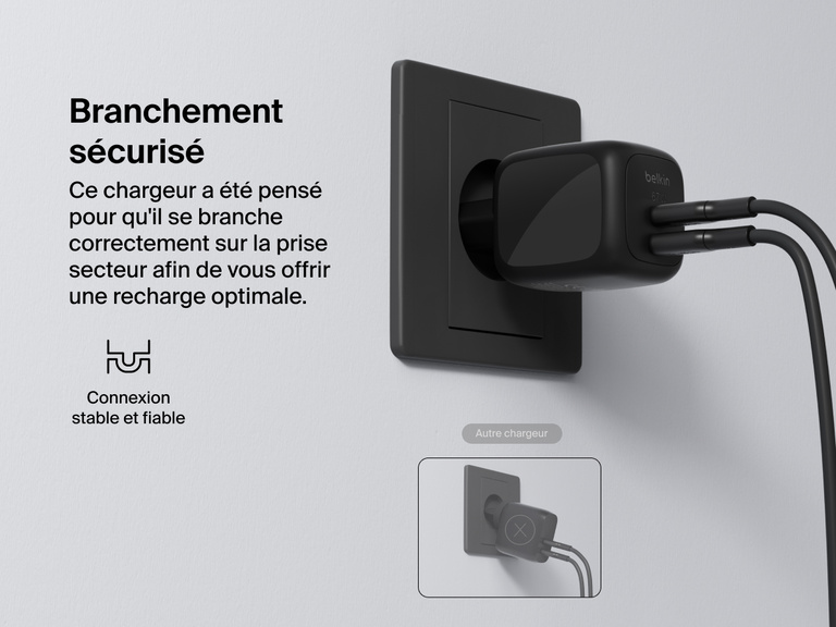 Image du chargeur secteur GaN à deux ports USB-C Belkin BoostCharge Pro (67 W) branché sur une prise électrique, illustrant sa connexion sécurisée et fiable pour une recharge secteur performante.