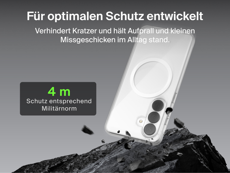 Belkin SheerForce Clear Series Case for Samsung Galaxy S26 shown protecting a phone during impact, highlighting slim design with 13 ft / 4 m military-grade drop protection and built-in Qi2 wireless charging support.