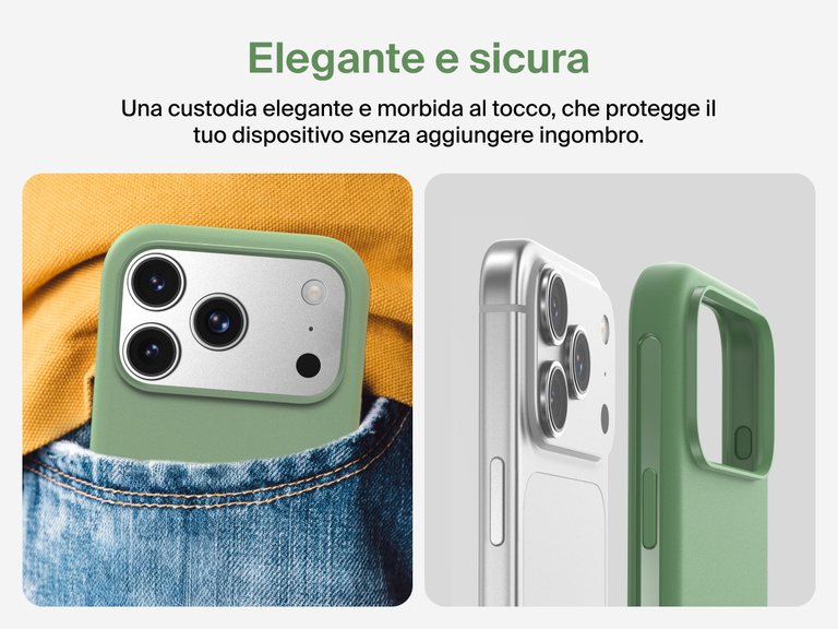Immagine della custodia Belkin SheerForce Protect Series per iPhone 17 con pulsante touch per la fotocamera e design a strati per garantire un aggancio magnetico ottimale e una protezione durevole.
