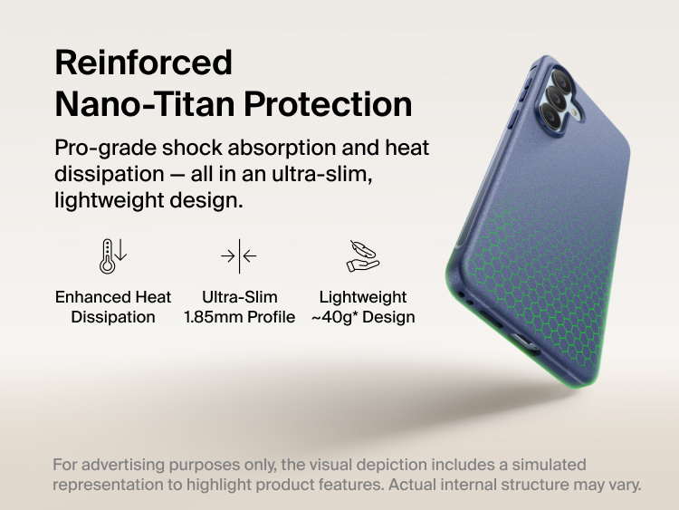 Belkin SheerForce Protect Series Case for Samsung Galaxy S26 featuring reinforced Nano-Titan protection, ultra-slim 1.85 mm profile, lightweight design, and enhanced shock absorption with heat dissipation.