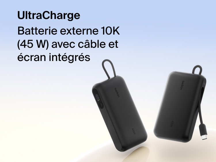 Belkin UltraCharge 10K 45W power bank with integrated cable and digital display showing battery level, designed for fast portable charging.
