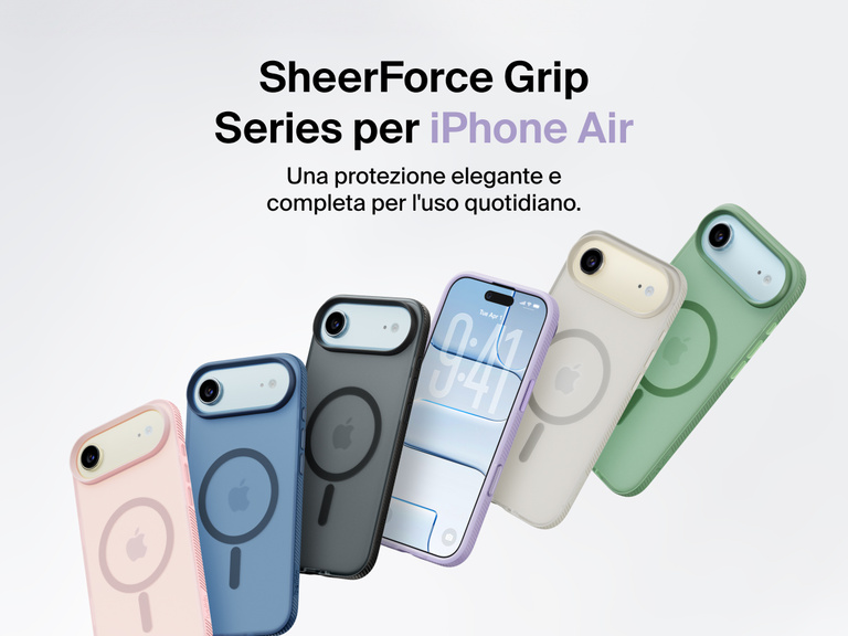 Belkin SheerForce Grip Series protective case for iPhone 17 shown in pink, clear, and black with slim design and MagSafe compatibility.