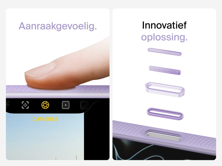 Belkin SheerForce Grip Series Case for iPhone 17 with MagSafe ring, raised edges, and floating tinted buttons for precision protection.