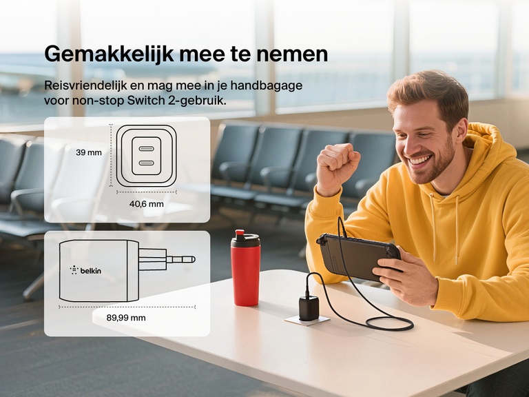 De Belkin Gaming 2-poorts USB-C-wandlader (65 W) voorziet de Nintendo Switch 2 onderweg van stroom met een compacte, reisvriendelijke vormgeving die ideaal voor gebruik op luchthavens en in handbagage.