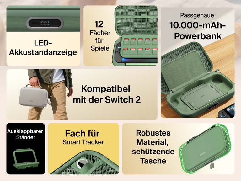 Feature overview of the Belkin Gaming Charging Case Pro for Nintendo Switch 2 highlighting built-in 10K power bank, LED battery indicator, flip-up stand, game card storage, smart tracker pocket, and durable protective design.