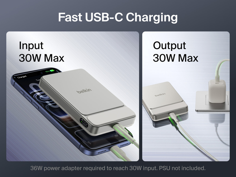 Belkin UltraCharge Slim Magnetic Power Bank 10K featuring fast USB-C charging with up to 30W input and output for efficient wired and wireless power delivery