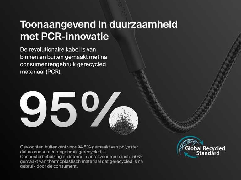 Close-up of the Belkin BoostCharge USB-C to Micro-USB Braided Cable 15W highlighting 95% recycled material construction and Global Recycled Standard certification on a dark background.