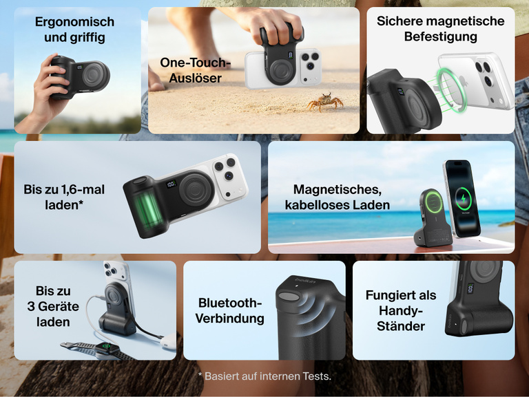Belkin Stage PowerGrip shown in multiple lifestyle and product views highlighting ergonomic grip design, magnetic wireless charging, Bluetooth connectivity, phone stand functionality, and ability to charge up to three devices.