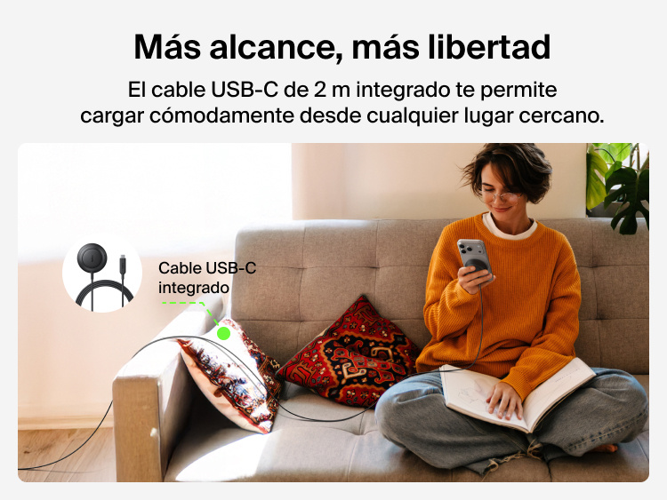 Se muestra el largo cable USB-C de 2 metros incluido con el cargador magn&eacute;tico con Qi2 de 25 W Belkin UltraCharge. Permite al usuario cargar con comodidad sus dispositivos m&oacute;viles desde la otra esquina de la habitaci&oacute;n.