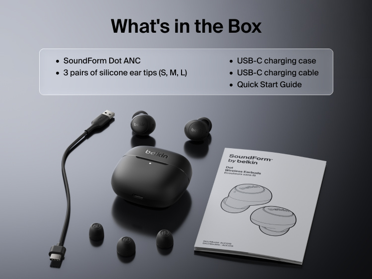 SoundForm Dot ANC Noise-Cancelling Earbuds packaging contents laid out, including the earbuds, charging case, USB-C cable, silicone eartips, and quick start guide