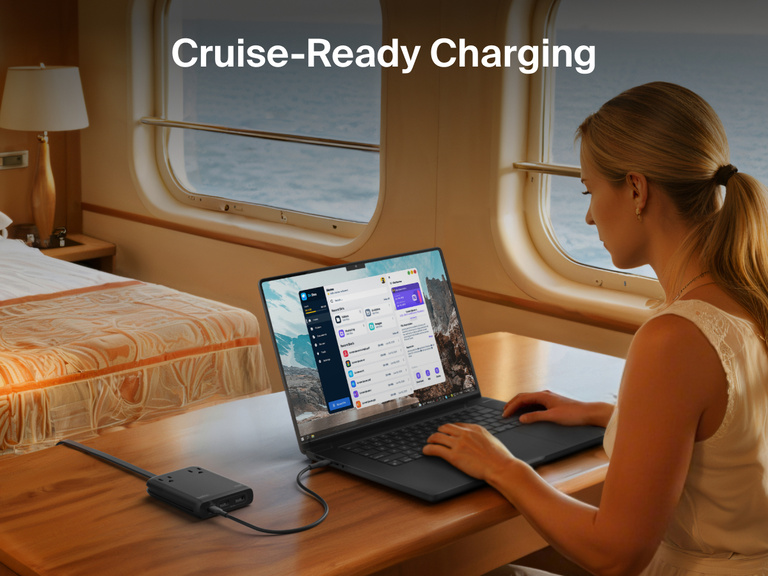 Belkin 2-Outlet Charging Station with USB ports and USB-C cable 70W powering a laptop in a cruise cabin for convenient travel charging.