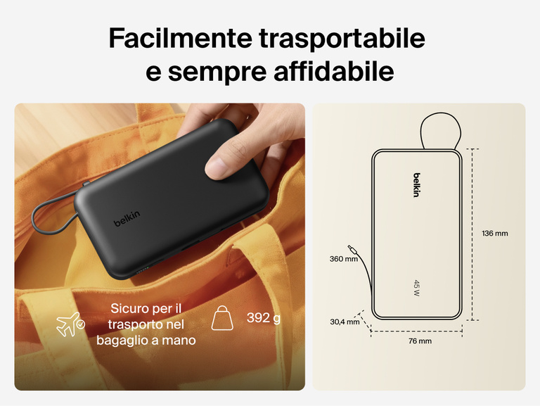 Belkin UltraCharge 20K 45W power bank with integrated cable designed for portable, TSA-approved travel with compact size and reliable on-the-go charging