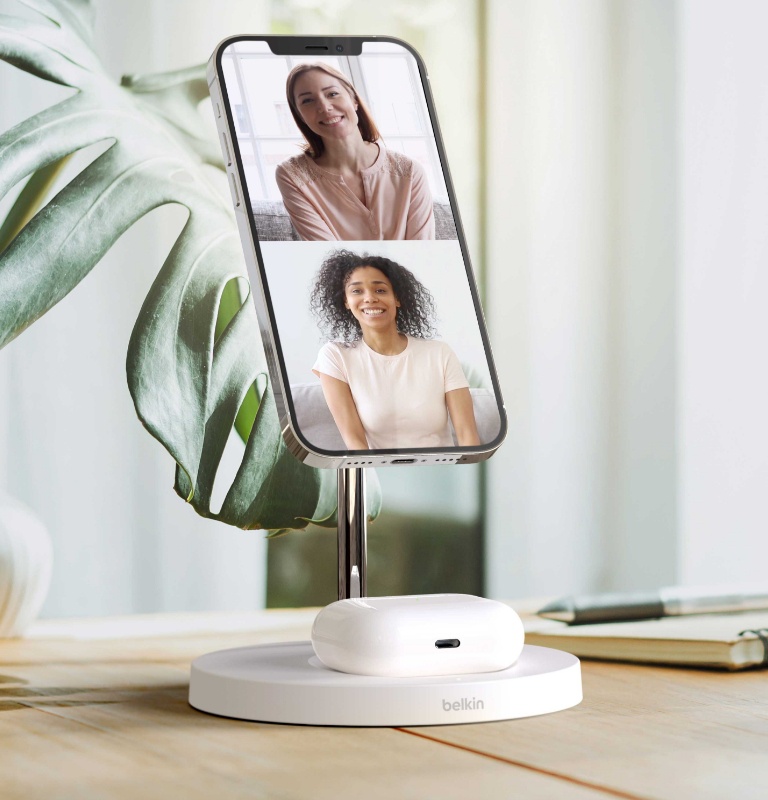 Belkin 2-in-1 MagSafe Charger with Wireless Magnetic Charging Stand lets you take video calls hands-free. 