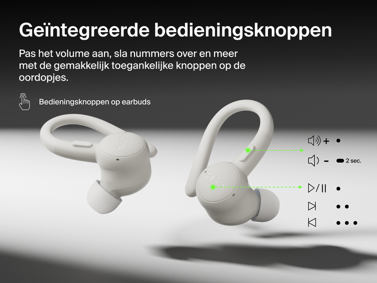 Belkin SoundForm ActiveFit Wireless Earbuds with secure ear hooks and built-in on-ear button controls for volume, track skipping, and playback.