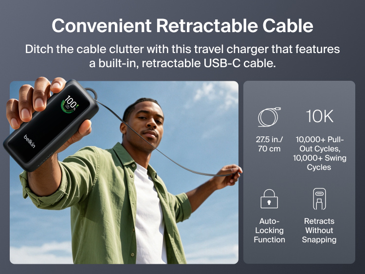 Person holding the UltraCharge Power Bank 22K with Retractable Cable outdoors with its built-in retractable USB-C cable extended, next to icons for cable length, pull-out cycles, auto-locking function, and snap-free retraction