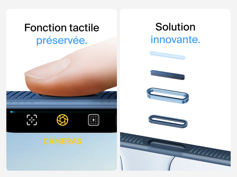 Belkin SheerForce Grip Series Case for iPhone 17 with MagSafe ring, raised edges, and floating tinted buttons for precision protection.