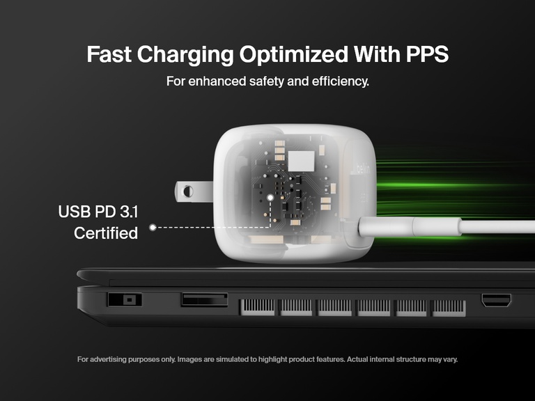 ChatGPT said: Belkin BoostCharge Compact USB-C Wall Charger 65W with USB PD 3.1 certification and PPS technology delivers optimized, efficient, and safe fast charging for laptops and devices.