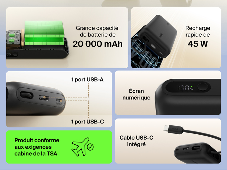 Belkin UltraCharge 20K 45W power bank with integrated USB-C cable, digital display, dual ports, and high-capacity battery for fast, travel-ready charging