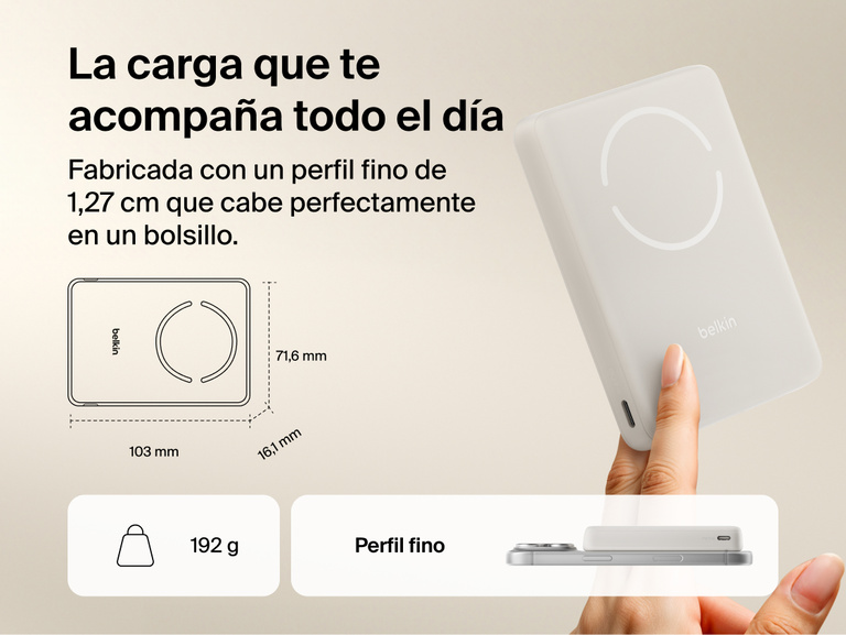 Belkin BoostCharge Slim Magnetic Power Bank 10K slim portable design with compact dimensions and lightweight build for easy pocket storage