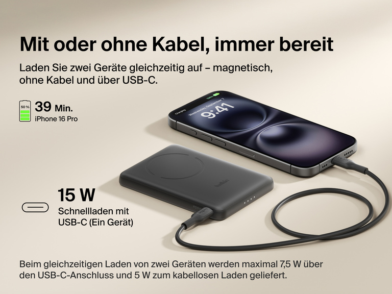 Belkin BoostCharge Slim Magnetic Power Bank 5K shown charging a smartphone via USB-C, highlighting 15W fast charging and dual wired or magnetic wireless power capability.