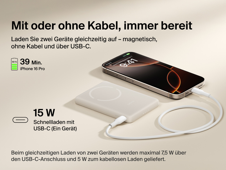 Belkin BoostCharge Slim Magnetic Power Bank 5K shown charging a smartphone via USB-C, highlighting 15W fast charging and dual wired or magnetic wireless power capability.