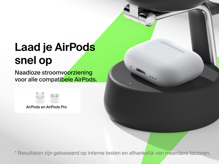 Het Belkin UltraCharge Pro 3-in-1 magnetische laadstation met Qi2 25W biedt snel en naadloos draadloos opladen voor alle compatibele AirPods- en AirPods Pro-modellen.