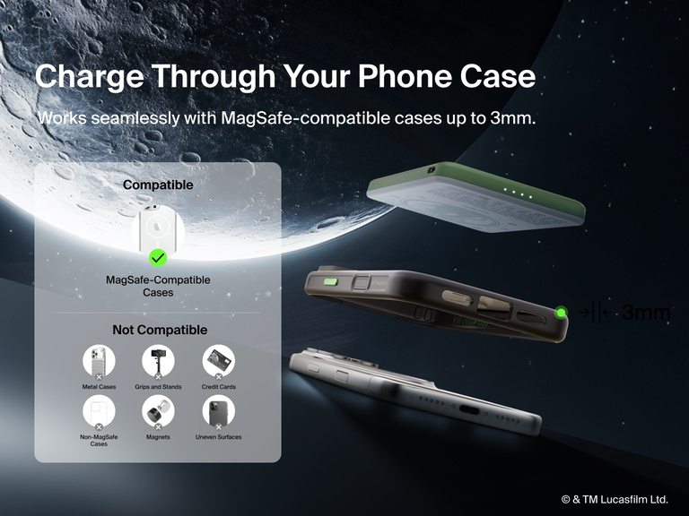 Belkin BoostCharge Slim Magnetic Power Bank 5K shown aligning with a smartphone and MagSafe-compatible case, demonstrating wireless charging through cases up to 3mm thick.