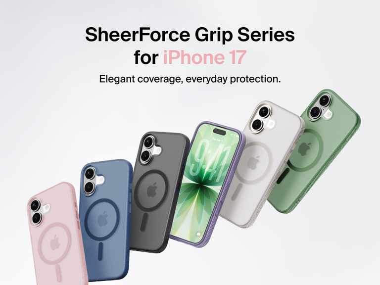 Belkin SheerForce Grip Series protective case for iPhone 17 shown in pink, clear, and black with slim design and MagSafe compatibility.