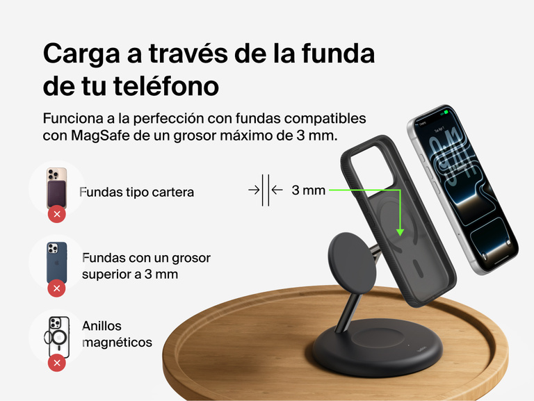 Belkin UltraCharge 3-in-1 Wireless Charging Stand with Qi2 25W demonstrating magnetic charging through MagSafe-compatible phone case up to 3mm thickness with compatibility guidelines shown