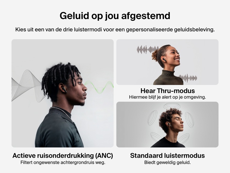 Afbeelding met de drie luistermodi van Belkin SoundForm Rhythm earbuds met actieve ruisonderdrukking — Actieve ruisonderdrukking, Hear-Thru-modus en Standaard luistermodus — voor een gepersonaliseerde luisterervaring.