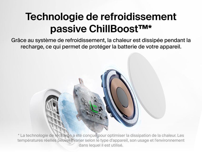 Socle de recharge 2-en-1 aimanté et pliable Belkin UltraCharge avec Qi2 25 W et technologie de refroidissement passive ChillBoost™ pour une meilleure dissipation de la chaleur et une protection de la batterie lors de la recharge.