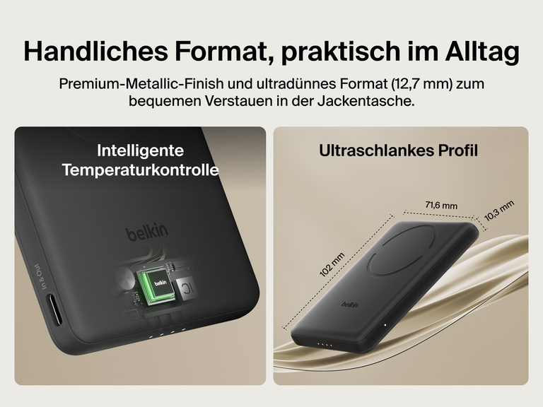 Belkin BoostCharge Slim Magnetic Power Bank 5K shown with smart thermal control and ultra-slim 0.5-inch profile designed for portable, pocket-friendly charging.
