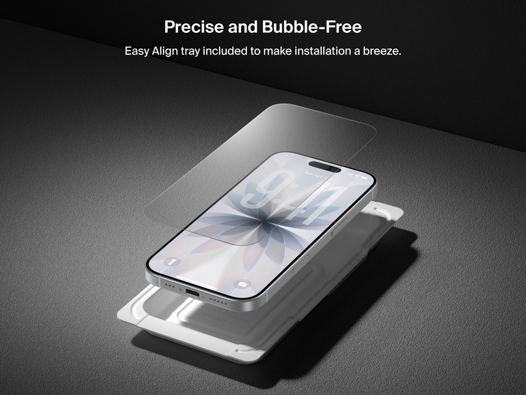 Belkin ScreenForce UltraGlass 2 Screen Protector includes an Easy Align tray for precise, bubble-free installation on iPhone.