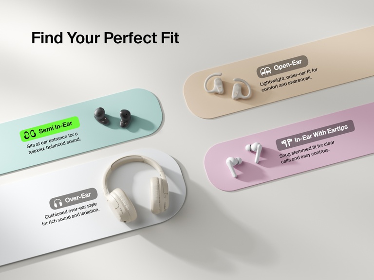 Belkin SoundForm Anywhere Wireless Earbuds shown as a semi in-ear fit option alongside open-ear, in-ear with eartips, and over-ear styles for the perfect fit.