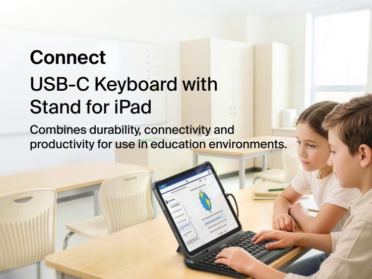 Connect USB-C Keyboard with Stand for iPad shown with two children using it at a classroom desk, with on-image text Combines durability, connectivity and productivity for use in education environments