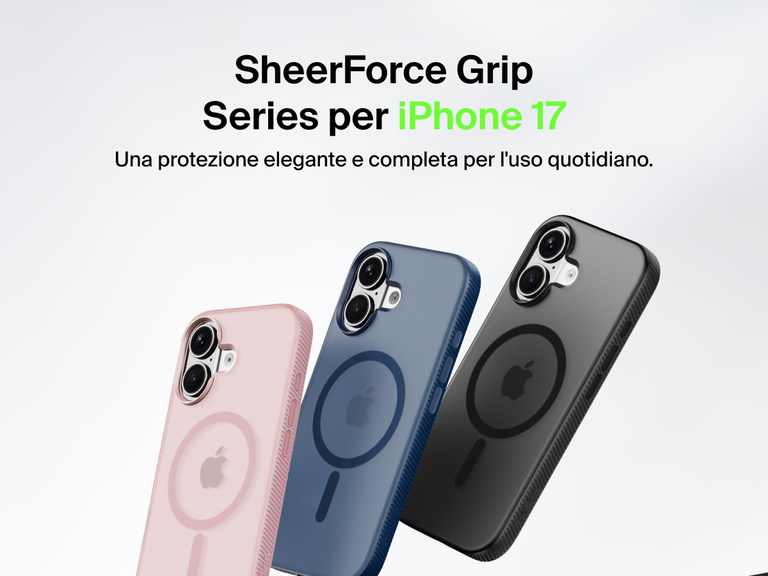 Belkin SheerForce Grip Series protective case for iPhone 17 shown in pink, clear, and black with slim design and MagSafe compatibility.