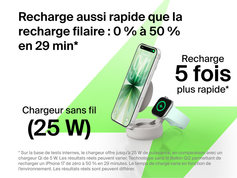 Image du socle de recharge 2-en-1 Belkin UltraCharge&nbsp;Pro aimant&eacute; et pliable avec Qi2 25&nbsp;W offrant une recharge sans fil rapide jusqu'&agrave; 5&nbsp;fois plus rapide, une puissance de charge de 25&nbsp;W et une recharge du smartphone de z&eacute;ro &agrave; 50&nbsp;% en moins de 29&nbsp;minutes.
