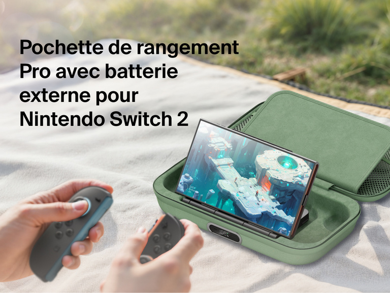 Belkin Gaming Charging Case Pro for Nintendo Switch 2 shown powering the console during outdoor gameplay with built-in charging and protective travel design.
