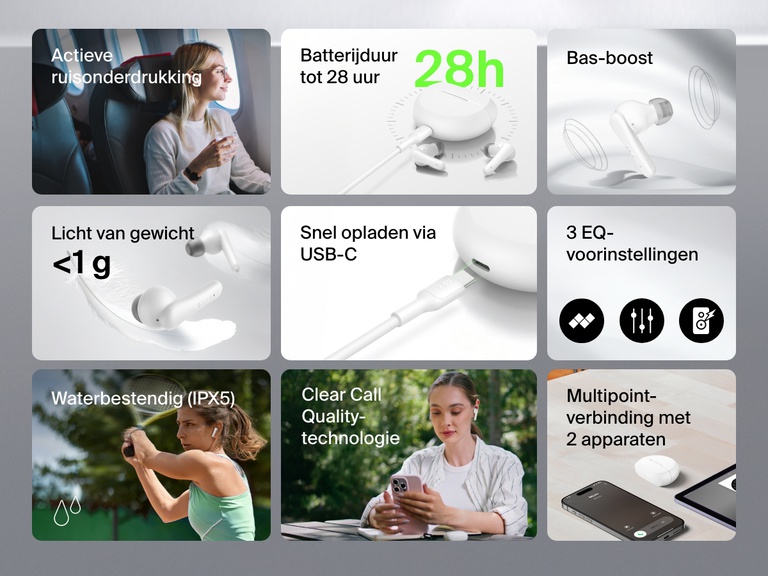 Afbeelding die de kenmerken van Belkin SoundForm Rhythm earbuds met actieve ruisonderdrukking toont, waaronder actieve ruisonderdrukking, een batterijduur van 28 uur, bas-boost, lichtgewicht ontwerp, USB-C snelladen, drie equalizervoorinstellingen, IPX5 waterbestendigheid, heldere gesprekskwaliteit en multipoint-verbinding met 2 apparaten.