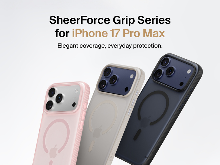 Belkin SheerForce Grip Series protective case for iPhone 17 shown in pink, clear, and black with slim design and MagSafe compatibility.