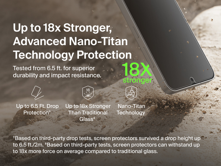 Belkin ScreenForce Titan SmartShield Privacy Filter Screen Protector for Samsung Galaxy S26 showcasing Nano-Titan technology with up to 18x stronger protection than traditional glass and drop protection tested up to 6.5 ft for enhanced durability.