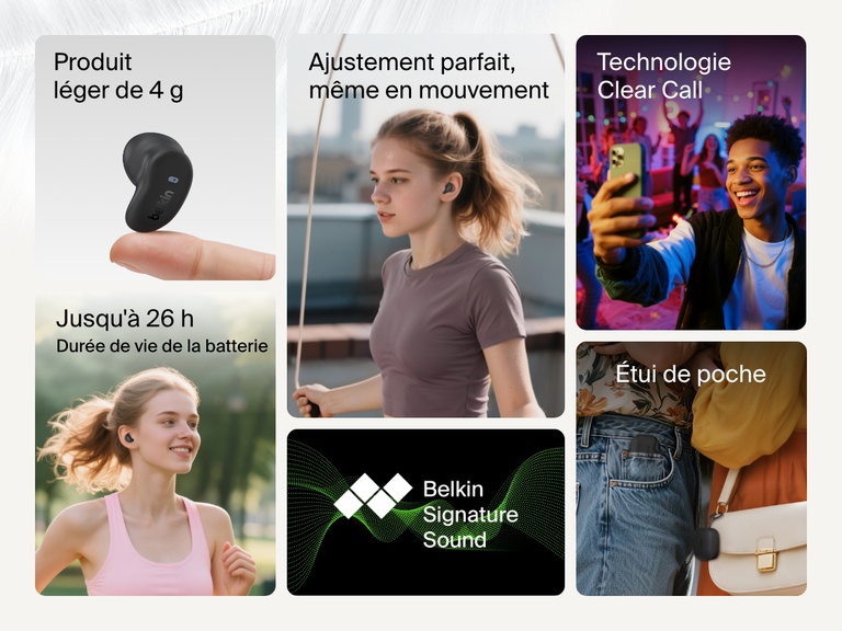 Belkin SoundForm Anywhere Wireless Earbuds shown with lightweight 4g design, up to 26h battery life, clear call quality, pocket-perfect case, and Belkin Signature Sound.
