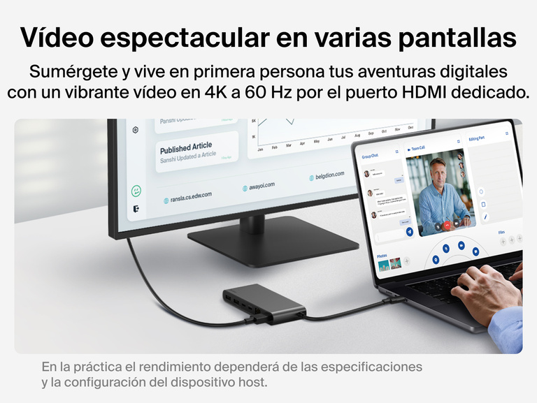 Se muestra un hub USB-C de 8 puertos con 2.5Gb Ethernet de Belkin conectando un portátil a un monitor HDMI externo por HDMI y habilitando vídeo en 4K a 60 Hz para proporcionar una experiencia visual más vibrante e inmersiva.