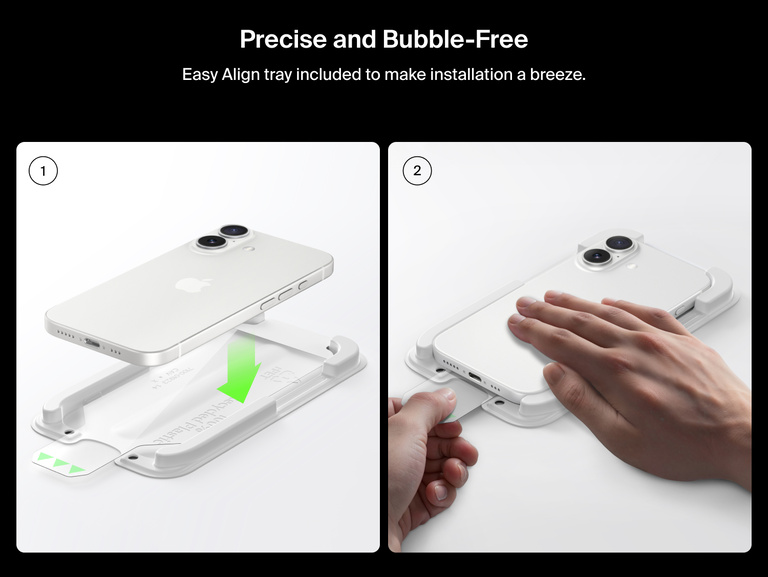 Belkin ScreenForce UltraGlass 2 Screen Protector includes an Easy Align tray for precise, bubble-free installation on iPhone.