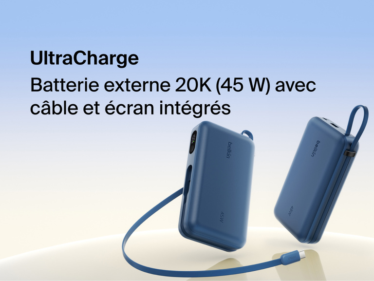 Belkin UltraCharge 20K 45W power bank with integrated USB-C cable and digital display showing portable high-capacity fast charging solution